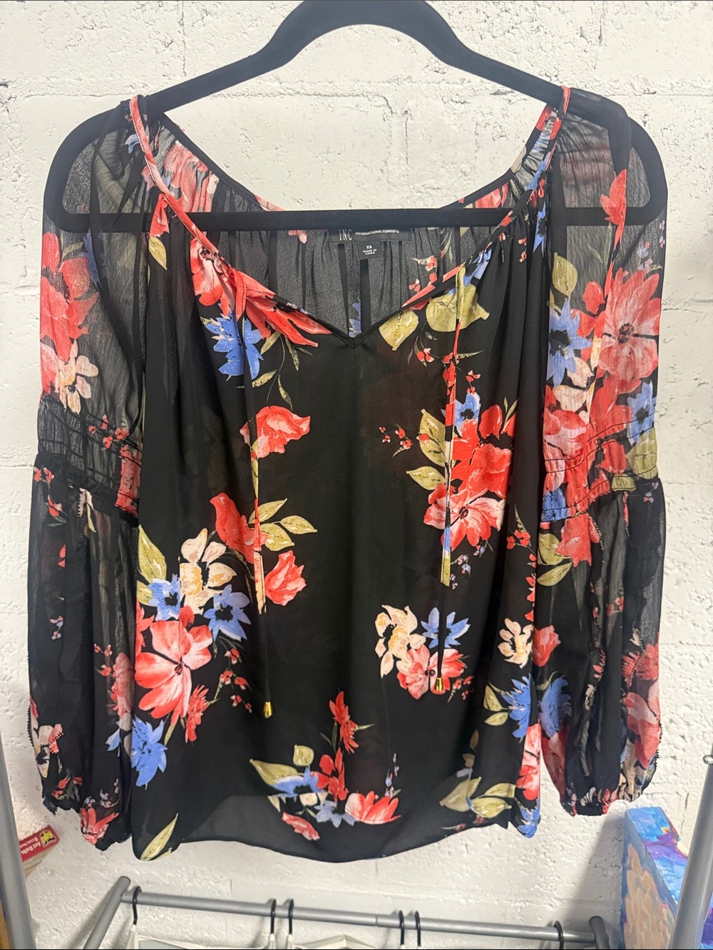 Floral Off-Shoulder Blouse - Black/Red - Size XS - Long Sleeve